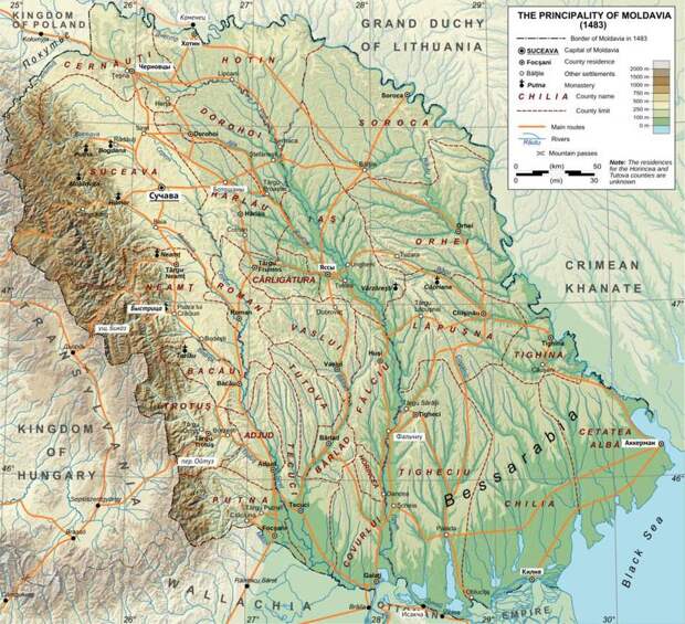 Молдавия в границах 1483 года, работа Andrein. Западная граница (с Трансильванией) определяется непроходимыми Карпатскими горами. Также выделены ведущие в Трансильванию стратегические перевалы Ойтуз и ущелье Биказ. commons.wikimedia.org - Тревожный 1538-й: восьмой поход султана Сулеймана | Военно-исторический портал Warspot.ru