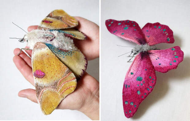 Реалистичные скульптуры в виде текстильных мотыльков и бабочек