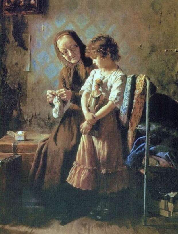 «Бабушка с внучкой». (1879). Автор: А.И.Корзухин.