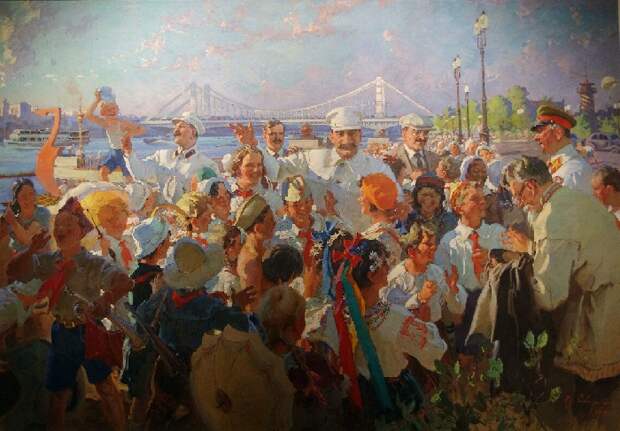 «И.В. Сталин и члены Политбюро среди детей в ЦПКиО им. Горького». (1939 год). Третьяковская галерея. Автор: Василий Сварог. Как художник-летописец сталинских времен заполучил в псевдоним имя языческого бога