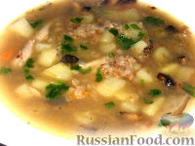 Фото к рецепту: Гречневый суп с курицей и грибами