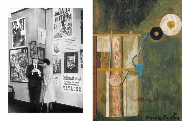 Слева: Художники-дадаисты Рауль Хаусман и Ханна Хох на международной выставке дадаизма в Берлине, 1920 год / Франсис Пикабиа, «Вентилятор», 1917 год