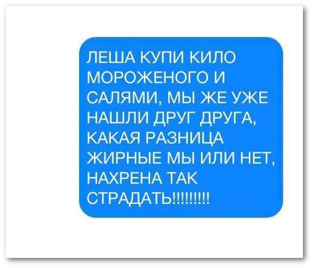 изображение: Лёша, купи кило мороженого и салями. Мы же уже нашли друг друга, какая разница жирные мы или нет, нахрена так страдать! #CМС приколы