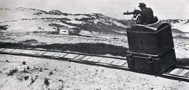 Британский пулемётчик тренируется стрелять во время движения по рельсам, Первая мировая война.