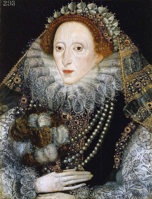 Неизвестный художник, Портрет Елизавета I,  1580-85. Из Королевской коллекции. Елизавета перенесла оспу и с помощью белили скрывала её последствия.