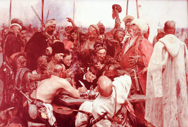 Фрагмент картины "Запорожцы пишут письмо турецкому султану". Художник И. Репин, 1891 год.