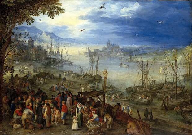 Рыбный рынок на берегу реки. 1605. 29х42. Старая Пинакотека, Мюнхен, Автор: Brueghel, Jan The Elder (1568-1625) (Ян Старший (1568-1625) Брейгель)Brueghel, Jan The Elder (1568-1625) (Живопись на Gallerix.ru)