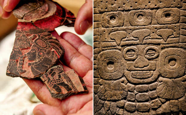 Керамика c натуралистическими рисунками майя (слева) использовалась на празднике в Теотиуакане. /Фото: Кортесия/NOTIMEX/NEWSCOM; Кеннет Гаррет