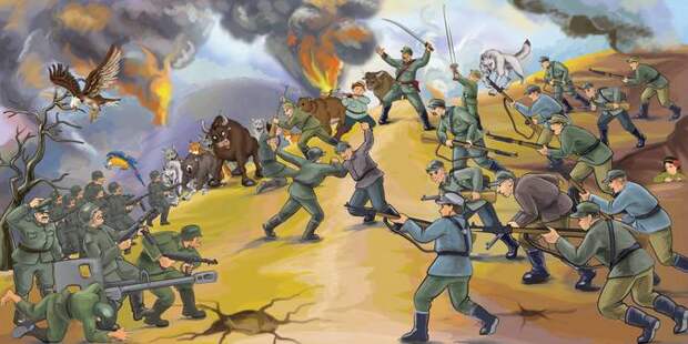 Курень УПА «наносит поражение армии немецкого генерала». Картинка из детской книжки «Приключения Алярмика и его друзей»