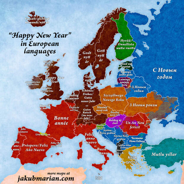 Так на европейских языках будет звучать фраза "с Новым годом" Jakub Marian, карта, картография, карты