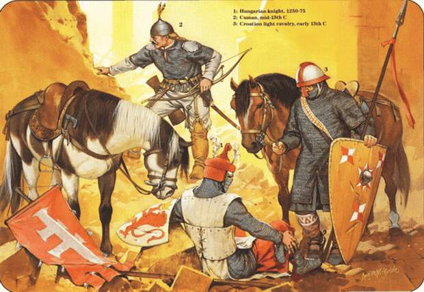 Венгерский рыцарь (посередине) и половец (слева). Рисунок А. МакБрайд - «В конце должен остаться только один» | Военно-исторический портал Warspot.ru