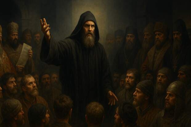 XII век. Митрополит Климент Смолятич противостоит врагам. Он в чёрном монашеском одеянии, в его глазах читается решимость, а поднятая рука словно призывает к вниманию. С одной стороны — греки в роскошных византийских нарядах, их лица искажены гневом, в руках они держат свитки. С другой — бояре в дорогих мехах и представители духовенства, стоящие в тени, смотрят на него с недоверием и злобой.