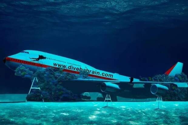 Под крылом самолета о чем-то поет зеленое море: в Бахрейне открыли подводный парк внутри «Боинга»