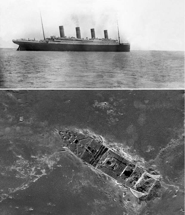 Титаник" уходит в свой первый и последний рейс.  Апрель 1912 года.  Вторая фотография  - носовая часть на дне Атлантического океана. Современное состояние. история, история из жизни, команда, расследование, титаник