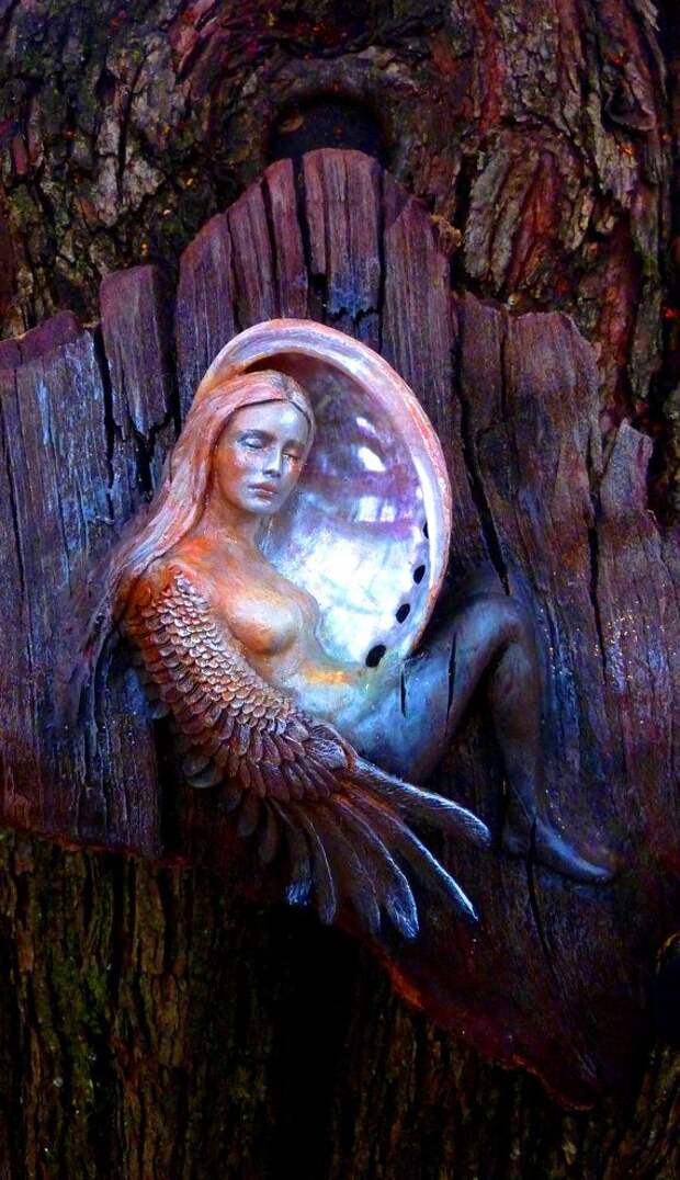 Winged Bird-Woman in Moon Shell,  Driftwood Sculptures by Debra Bernier