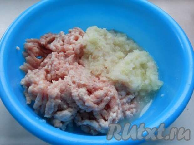Пока тесто "отдыхает" приготовить начинку. Мясной фарш (любой - на ваше усмотрение) поместить в глубокую посуду. Добавить перекрученный на мясорубке репчатый лук.