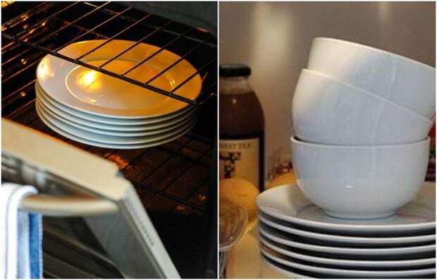 Посуду нужно нагреть в духовке для горячих блюд, и остудить в холодильнике - для холодных
