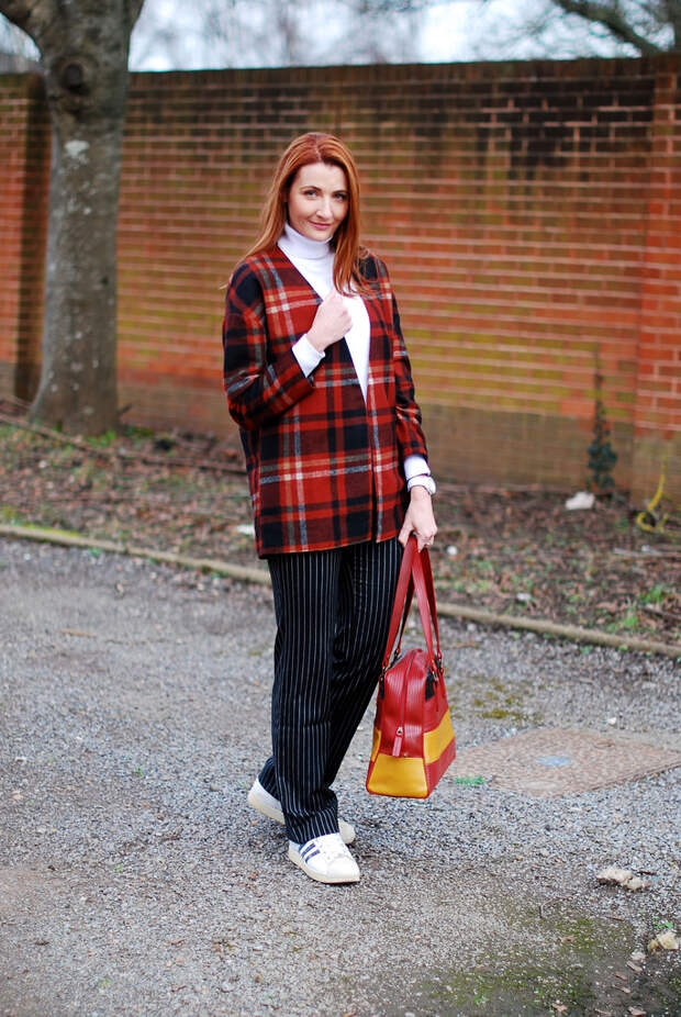 Winter style: Plaid, pinstripes and white roll neck