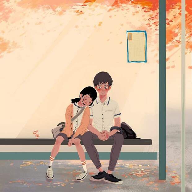 Потому что с этим человеком даже ждать автобус на остановке - счастье Любовь, Любовь . нежность . иллюстрация. художник, иллюстратор, иллюстрации, мимими, мужчина и женщина, чувства