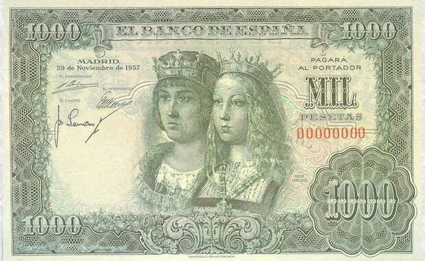 Испанская банкнота 1957 года с изображением католических королей