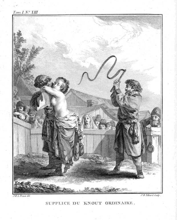 Наказание кнутом Н. Лопухиной. Гравюра Ж.-Б. Лепренса, 1766. Public domain