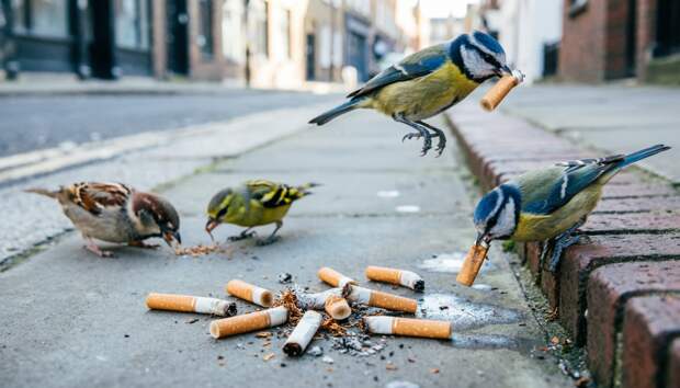 Птицы полюбили сигареты
