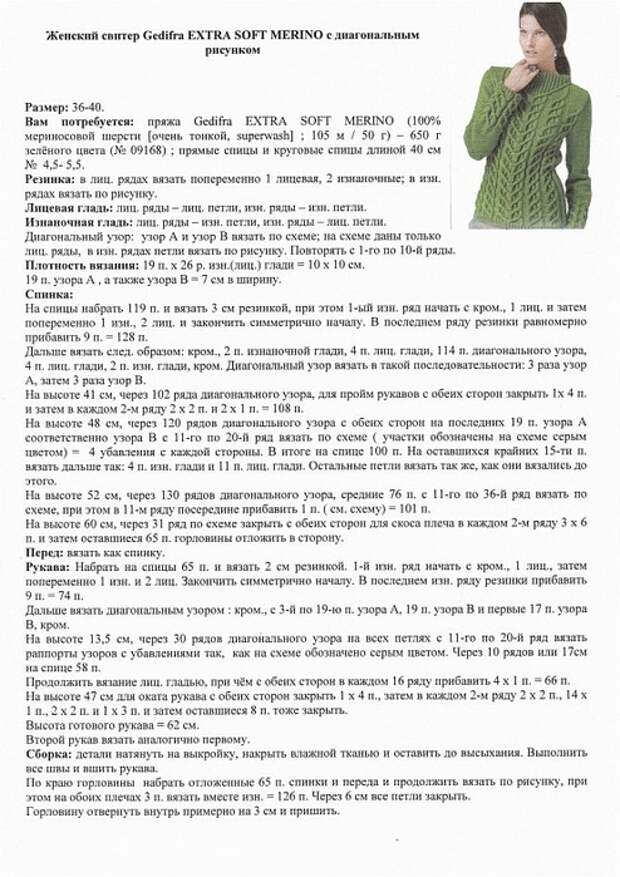 Женский пуловер с косами. Схема и описание (2) (494x700, 241Kb)