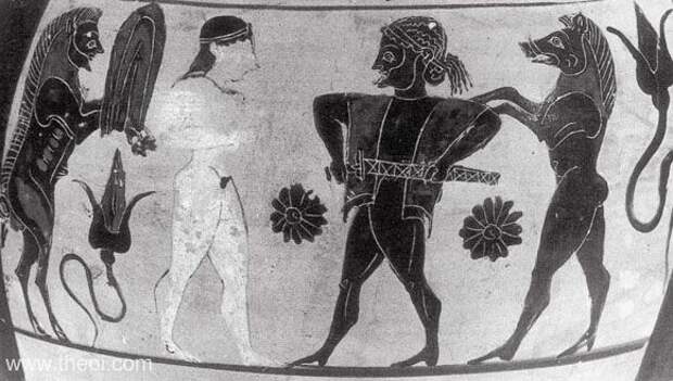 Ваза.Вульчи, Италия.около 520 г. до н.э. Одиссей угрожает мечом Кирке (ведьме).
