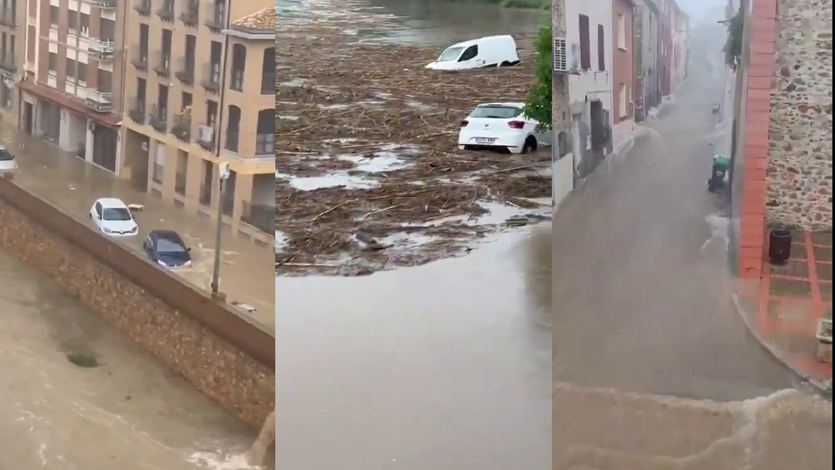 Вода в Сарагосе (Арагон, север Италии; 11 июля) / Автомобили в воде реки Карденер (Каталония, север Испании; 12 июля) / вода несётся с горушки во Французских Пиренеях 12 июля