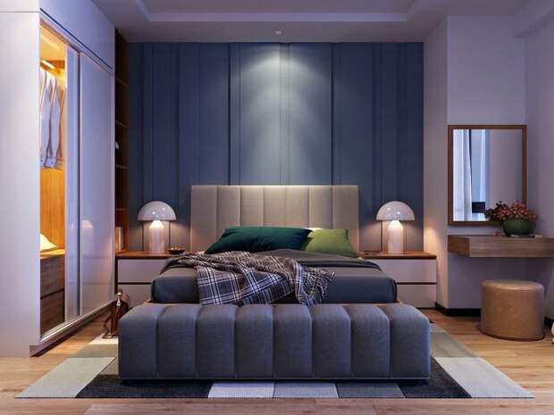 Синие и фиолетовые оттенки в спальне – идеальный выбор для тех, кто предпочитает атмосферу свежести и лёгкости.