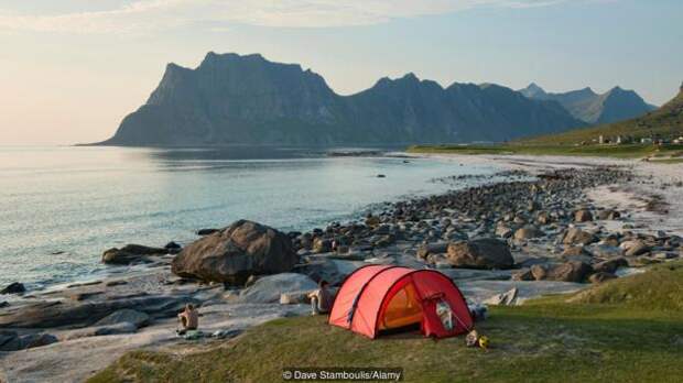 camping on beautiful Uttakleiv Beach in the Lofoten Islands, Norway