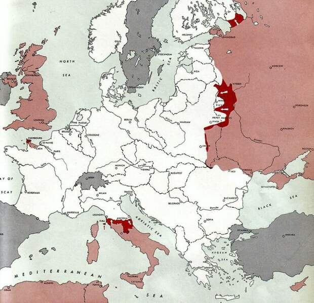 Карта военных действий в Европе на 1 июля 1944 г., то есть почти через месяц после высадки союзников в Нормандии. Источник: "Atlas of the World Battle Fronts in Semimonthly Phases"