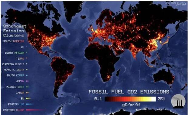 Карта выбросов углекислого газа в атмосферу.