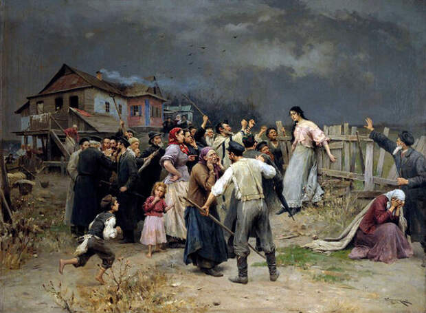 На картине 19 века "Жертва фанатизма" художник изобразил, как еврейская община проклинает свою дочь, связавшуюся с христианином. С Голдой-Екатериной произошло примерно то же самое, только сделано это было дистанционно.