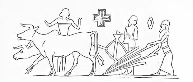 Реконструкция древней печати с изображением двух быков, тянущих плуг, Пенсильванский музей.