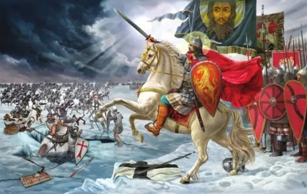 Германские и русские братья на поле брани друг против друга. Ледовое побоище в 1240 г., князь Александр Невский