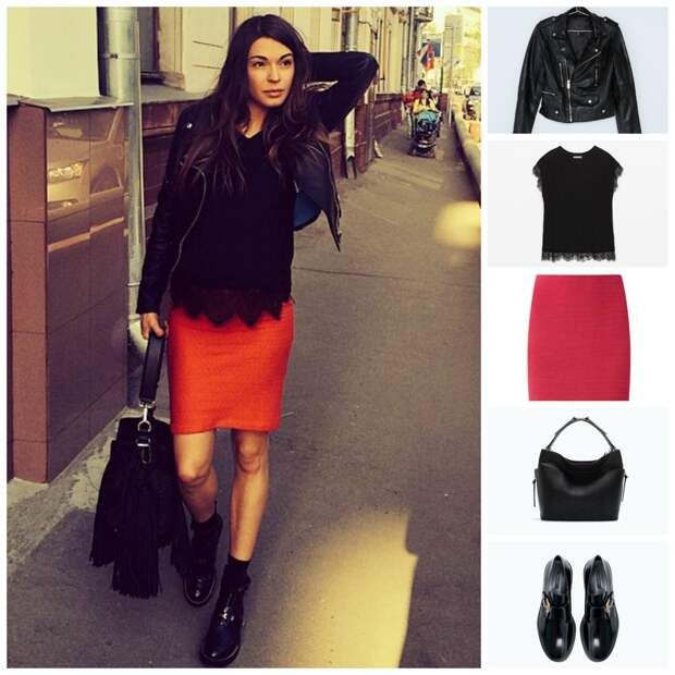 Футболка Zara (199 грн.), куртка Bershka (799 грн.), юбка New Look (349 грн.), ботинки Zara (1199 грн.), сумка Zara (999 грн.)