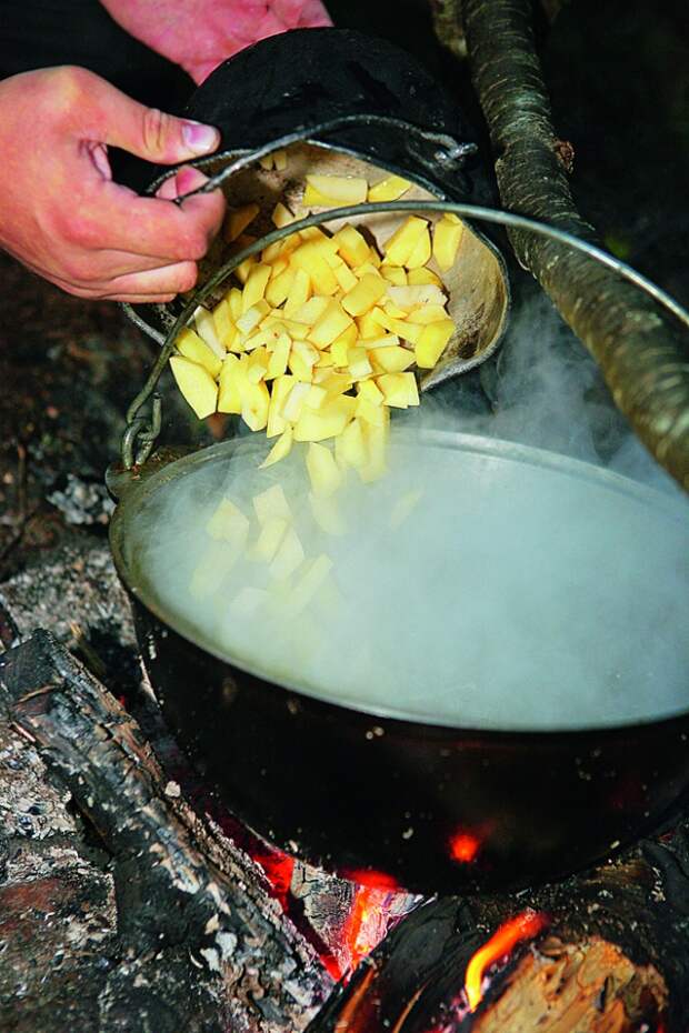 Картофель порезать брусочками и положить его в бульон. Туда же поместить лук в шелухе, помидоры, добавить соль и перец.
