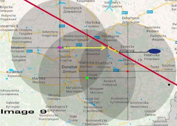 Расположение комплексов «Бук»  в районе, над которым проходила трасса полёта MH17