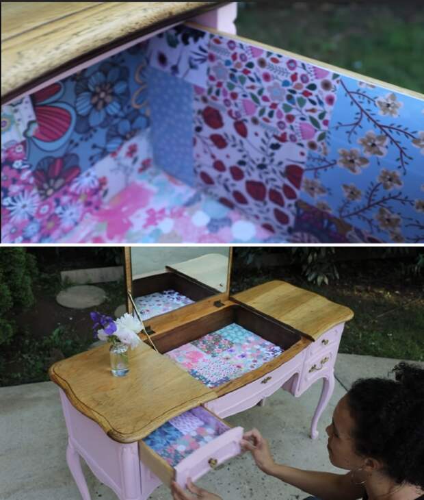 Оригинальное решения для преобразования внутренних поверхностей выдвижных ящиков туалетного столика. | Фото: youtube.com/ © Thrift Diving. Оригинальное решения для преобразования внутренних поверхностей выдвижных ящиков туалетного столика. | Фото: youtube.com/ © Thrift Diving.