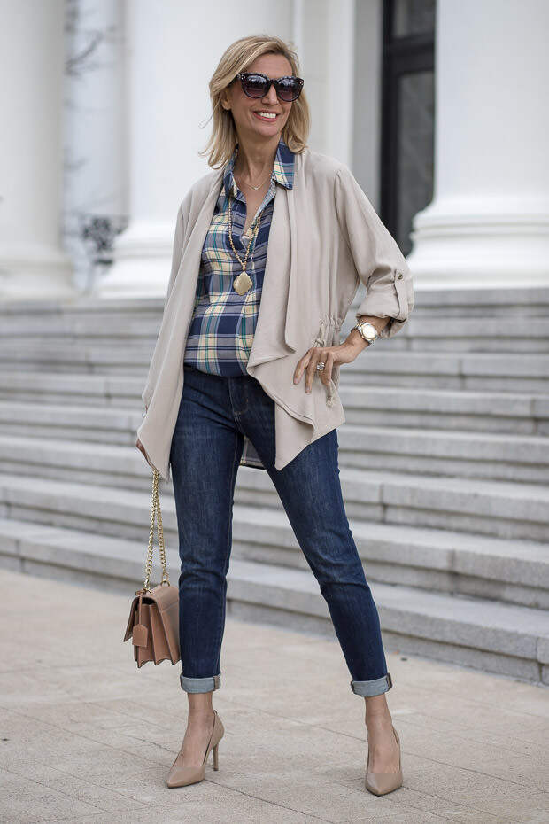 Blue and Tan Plaid Shirt With Tan Cascading Collar Jacket for women 