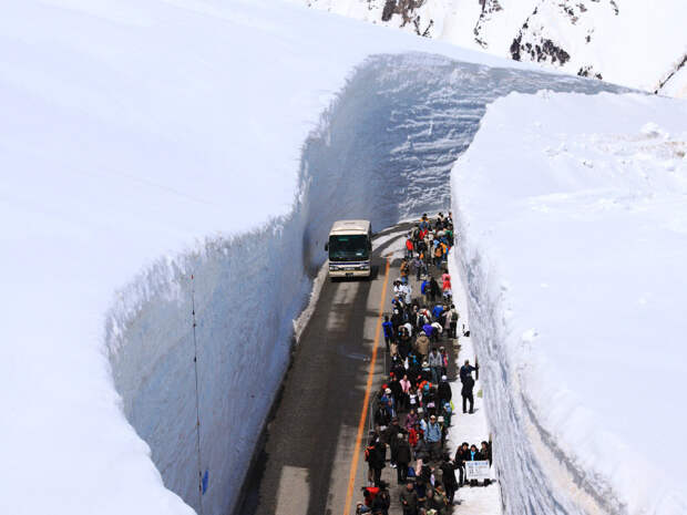 TATEYAMA, JAPAN - MAY 10, 2014: Unidentified tourists walk along snow corridor on Tateyama Kurobe Alpine Route, Japanese Alp in Tateyama, Japan