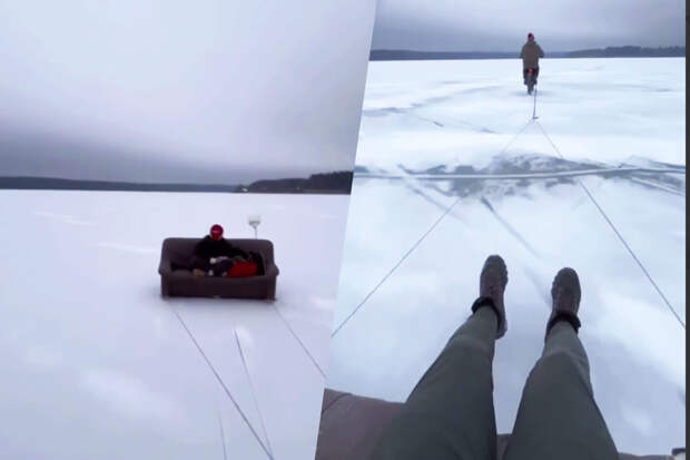 На видео попало, как экстремалы устроили заезд на диване по льду подмосковного озера